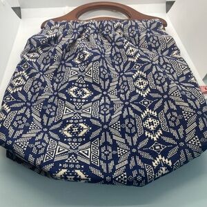 VintagePurse Sewing Bag Blue /White pattern Cloth Wooden Handles
